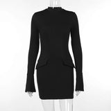 Wenkouban Dark Blue Two Pocket Sexy Mini Dress For Women 2023 Autumn Winter New Long Sleeve Bodycon Club Party Dress Elegant-Christmas Outfit