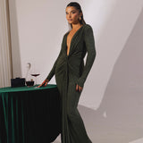 Wenkouban Autumn Maxi Evening Dress Sexy Green Plung V Neck Dress Long Sleeve Glitter Ruched Wedding Guest Party Dresses Women-nye outfits