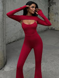 Wenkouban Sexy Hollow Out Jumpsuits Sets Women Fashion Solid Long Sleeve Shawl And Jumpsuits Female Elegant Two Piece Sets-Christmas Outfit