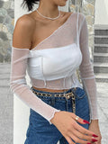 Wenkouban-Solid Color Sparkly Hollow Mesh Slant Shoulder Irregular Collar Sexy Women Crop Top