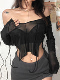 Wenkouban-Sexy Lace Up V Neck Long Sleeve Black T Shirts for Women Female Club Wear Mesh Blouses See Through Crop Tops