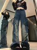 Wenkouban Vintage Y2k Women Black Baggy Cargo Jeans with Star Gothic Harajuku 90s Aesthetic Denim Trousers Kpop 2000s Jean Pants