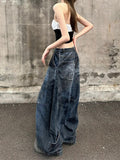 Wenkouban-Oversized Retro Blue Washed Distressed Wide Leg Jeans Women Fashion Streetwear Hot Girls Loose Casual High Waist Straight Jeans