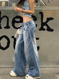 Wenkouban-Fashion Street Blue Washed Low Rise Straight Jeans Women 2024 Summer Retro New Loose Korean Street Casual Wide Leg Jeans