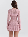 Wenkouban Lace Flare Long Sleeve Sexy Mini Dress For Women Robe Autumn New Pink O Neck A-line High Waist Pleated Dress Elegant-Christmas Outfit