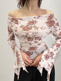 Wenkouban-y2k Outfits christmas outfit Off-Shoulder Floral Print Bell Sleeve Top