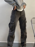 Wenkouban-Mid-rise faded gray cargo jeans- Streetwear y2k outfits Fall Outfits Christmas Thanksgiving Gift New Year's Eve