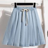 Wenkouban-swaggy outfits back to school outfits 5XL Oversize Denim Skirts Women Lace Up Pleated Skirt Summer Elastic Waist Cute Soft Girl Frilly Loose Jeans Mini Skirt Culotte