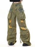 Wenkouban Vintage washed cargo jeans with holes