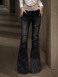 Wenkouban-y2k Outfits christmas outfit Rhinestone Ripped Low-Rise Flared Jeans