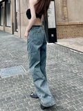 Wenkouban Y2k Aesthetic Jeans Women Sexy Mesh Spliced Harajuku Streetwear Denim Trousers Hollow Out Kpop Style Vintage Baggy Jeans