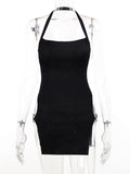 Wenkouban Metal Circle Split Mini Dress For Women 2023 Summer New Black Halter Backless Sleeveless Bodycon Short Dress Vestidos-Christmas Outfit