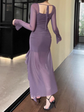 Wenkouban-2025 dress to impress party dress nye outfits Fashion Purple Dress Mesh Ruffled Long Sleeves Dress YM972