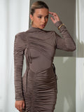 Wenkouban Long Sleeve Ruched Sexy Maxi Dress For Women Autumn Winter New Drawstring Turtleneck Bodycon Sexy Long Dress Elegant-Christmas Outfit