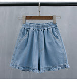 Wenkouban-swaggy outfits back to school outfits Qiukichonson 5XL Oversize Denim Shorts Women Summer Elastic Waist Cute Soft Girl Frilly Wide Leg Loose Jeans Shorts High Waist