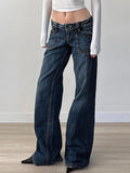 Wenkouban-y2k Outfits christmas outfit Vintage Pocket Washed Low-Rise Straight-Leg Jeans