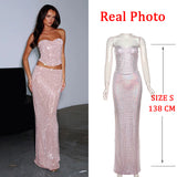 Wenkouban-back to school outfit nye outfit  Sequin Glitter Backless Evening Party Two Piece Set Strapless Top Long Skirt Women Set Elegant Summer 2 Piece Set Women