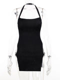 Wenkouban Metal Circle Split Mini Dress For Women 2023 Summer New Black Halter Backless Sleeveless Bodycon Short Dress Vestidos-Christmas Outfit