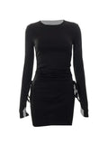 Wenkouban-Christmas Thanksgiving Gift New Year's Eve Dress Solid Crew Neck Lace Up Slit Mini Dress