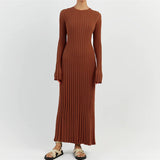 Wenkouban-y2k outfits retro design Women Elegant Ribbed Knit Full Sleeve Maxi Dress Crew Neck Bodycon Pencil Long Dress Tie Waist Dress 90s Vintage Streetwear