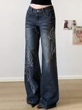 Wenkouban-y2k Outfits christmas outfit Embroidered Rhinestone Washed Low-Rise Flared Jeans