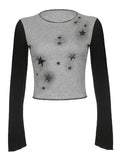 Wenkouban-Fall Outfits -Vintage Star Long Sleeve Crop Top- Streetwear y2k outfits Fall Outfits Christmas Thanksgiving Gift New Year's Eve