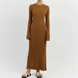 Wenkouban-y2k outfits retro design Women Elegant Ribbed Knit Full Sleeve Maxi Dress Crew Neck Bodycon Pencil Long Dress Tie Waist Dress 90s Vintage Streetwear