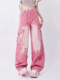 Wenkouban Pink Y2K Multi Pocket Ripped Cargo Jeans with Faded Effect