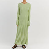 Wenkouban-y2k outfits retro design Women Elegant Ribbed Knit Full Sleeve Maxi Dress Crew Neck Bodycon Pencil Long Dress Tie Waist Dress 90s Vintage Streetwear