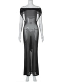 Wenkouban Black See-Through Patchwork Maxi Dress Sexy Female Off-Shoulder Mesh High Waist Slim Solid Long Dress Women's Summer Dress