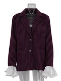 Wenkouban Lace Striped Suit Outwear For Women Patchwork Long Sleeve Lapel Fashion Commute Pocket Coat Ruffled Female Loose Blazer