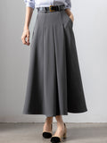 Wenkouban-swaggy outfits back to school outfits Qiukichonson Grey Midi Long Skirts Womens Maxi Skirt 2025 Spring Autumn Suit Skirt Office Lady High Waist Ruffle Pleated Skirt