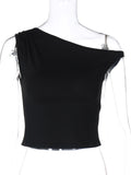 Wenkouban Summer Black Off-Shoulder T-Shirts Top Female Sexy Sleeveless Patchwork Slim Cropped Top Pullover Women's 2025 Y2k Top Tee