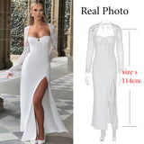 White Lace Hollow Out Pleated Evening Party Dress Women Backless Robes Elegant Sexy Dress Bodycon Long Autumn Dress Vestidos