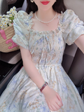 Wenkouban-2025 dress to impress party dress nye outfits Puff Sleeve Bow Tie Chiffon Floral Long Dress   YM1565