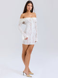 Wenkouban Off-shoulder Lace Sexy Mini Dress For Women White Strapless Long Sleeve Backless Bodycon Club Party Sexy Dress Elegant-Christmas Outfit