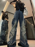 Wenkouban Vintage Y2k Women Black Baggy Cargo Jeans with Star Gothic Harajuku 90s Aesthetic Denim Trousers Kpop 2000s Jean Pants