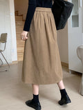 Wenkouban-swaggy outfits back to school outfits Qiukichonson Midi Long Skirt Womens Corduroy Skirt Autumn Winter Goth Casual High Waisted Pockets Design Pleated Suit Skirts