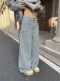 Wenkouban-American Retro Y2K Pocket Striped Baggy Jeans Women Autumn Winter Street Loose Casual Harajuku Fashion High Waist Wide Leg Jeans