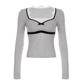 Wenkouban-y2k outfits retro design Cottage Gray Lace Trim T-shirt Women Vintage Square Collar Long Sleeve Blouse Tees Casual Slim Fit Crop Tops Y2k Preppy Clothes