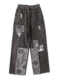 Wenkouban-Boyfriend jeans with patchwork paisley motif- Streetwear y2k outfits Fall Outfits Christmas Thanksgiving Gift New Year's Eve