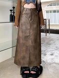 Wenkouban-nye outfits Vintage Brown High Rise Split PU Leather Midi Skirt 2025 fashion trends y2k style party club outfits