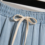 Wenkouban-swaggy outfits back to school outfits 5XL Oversize Denim Skirts Women Lace Up Pleated Skirt Summer Elastic Waist Cute Soft Girl Frilly Loose Jeans Mini Skirt Culotte