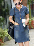 Wenkouban-2025 New arrival summer women denim dresses short sleeves loose A word dresses v-neck solid denim dresses