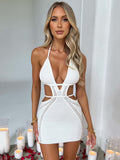 Wenkouban Hollow Out Halter Sexy Mini Dress Women Summer New Sleeveless Backless Skinny Club Party Knit Tank Dress Vestido-Christmas Outfit