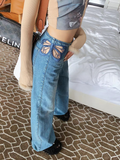 Wenkouban-Cutout Butterfly Embroidered Jeans Woman Vintage High Waist Baggy Straight Denim Pants Fashion Street Sexy Denim Trouser