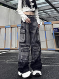 Wenkouban-Y2K High Street Retro Gray Washed Pocket Cargo Jeans Winter Street Hip-hop Hot Girl Heavy Industry Loose Casual Wide Leg Jeans