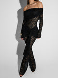 Wenkouban Lace See Through Long Sleeve Sexy Jumpsuit Women Fashion Lace Off-shoulder Bodycon High Waist Club Party Jumpsuits-Christmas Outfit