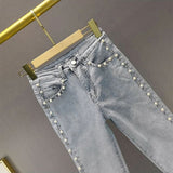 Wenkouban-y2k outfits Valentine's Day gift Ankle-Length Denim Pants for Women Slim Pencil Pants Fashion Diamond Studded Beading Blue Jeans Spring Summer Female Jeans