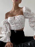 Wenkouban-back to school nye outfits Fashion Flower Printed Sexy Women Camis Slash Neck Long Sleeves T-Shirts Regular Casual Streetwear Slim Fit Crop Tops Strap Tees